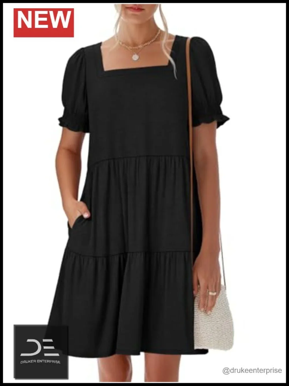 Square Neck Puff Sleeve Mini Dress with Pockets Tiered A-Line Summer Casual